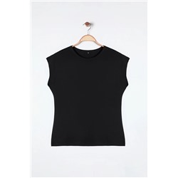 Siyah Kaşkorse Fitted/Vücuda Oturan Örme Büyük Beden Bluz TBBSS25AF00011