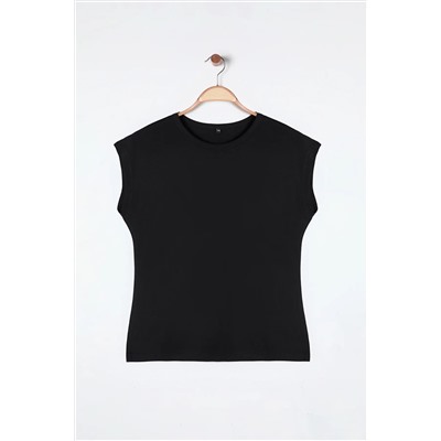 Siyah Kaşkorse Fitted/Vücuda Oturan Örme Büyük Beden Bluz TBBSS25AF00011