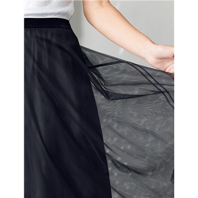 Юбка миди вечерняя на резинке из матового сатина с мягкой сеткой