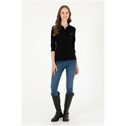 Kadın Siyah Basic Polo Yaka Sweatshirt