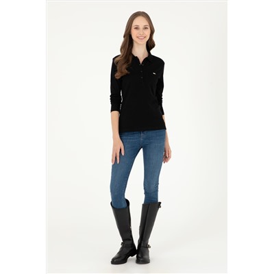 Kadın Siyah Basic Polo Yaka Sweatshirt