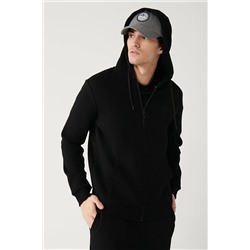 Avva Erkek Siyah Kapüşonlu Yaka Içi Polarlı 3 Iplik Fermuarlı Standart Fit Normal Kesim Unisex Sweatshirt E001019