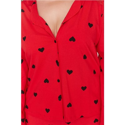 Kırmızı Kalpli Gömlek Yaka Örme Pijama Takımı TBBAW23AI00019