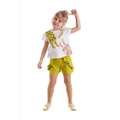 Denokids, Muzip Kediler Fırfırlı Kız Çocuk Yazlık T-shirt Şort Takım