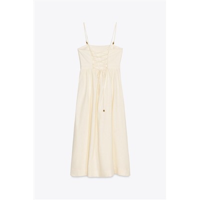 BEADED STRAPPY LINEN BLEND MIDI DRESS