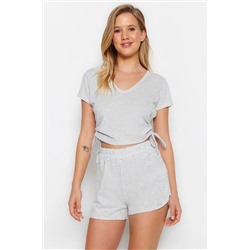 TRENDYOLMİLLA Gri Büzgülü T-shirt-Şort Örme Pijama Takımı THMSS23PT00010