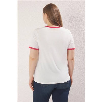 Kırmızı Boyfriend Fit Basklı Yıkamalı %100 Pamuk Büyük Beden Örme T-Shirt TBBSS25BF00055