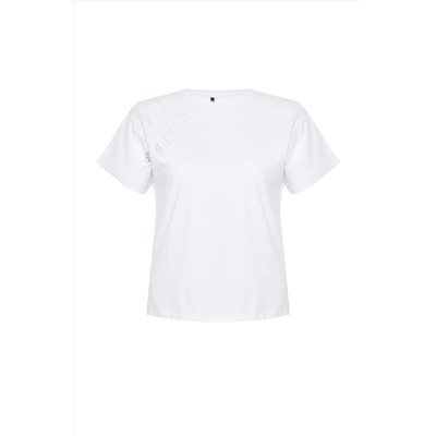 Beyaz Brode Detaylı Basic %100 Pamuk Örme T-shirt TBBSS24BF00055