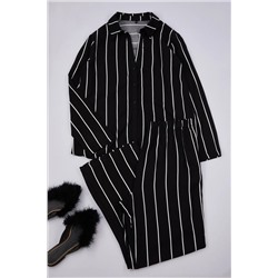 Siyah Çizgili Gömlek Yaka Paçası Yırtmaçlı Dokuma Pijama Takımı TBBAW25AI00012