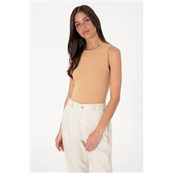 Kadın Camel Kolsuz Bisiklet Yaka Basic Tişört