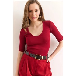 Olalook, Kadın Bordo Derin V Yaka Duble Kol Esnek Pamuk Bluz BLZ-19002951