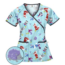 Happy Scrubs® Fall Friends Angel Blue Mock Wrap Scrub Top
