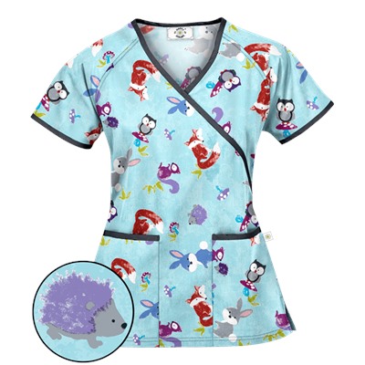 Happy Scrubs® Fall Friends Angel Blue Mock Wrap Scrub Top