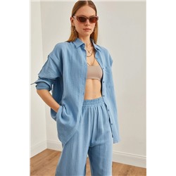 Olalook, Kadın Bebe Mavi Oversize Basic Müslin Gömlek GML-19001217