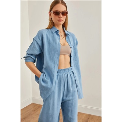 Olalook, Kadın Bebe Mavi Oversize Basic Müslin Gömlek GML-19001217