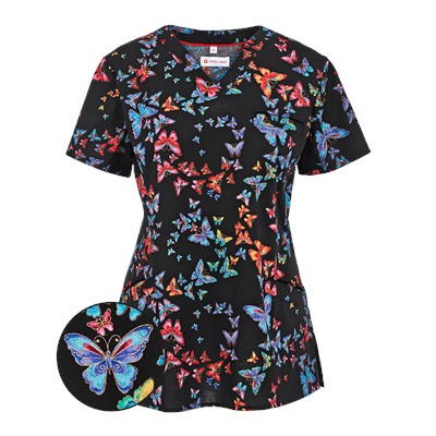 White Cross Scrubs Ola Borboleta Print Top