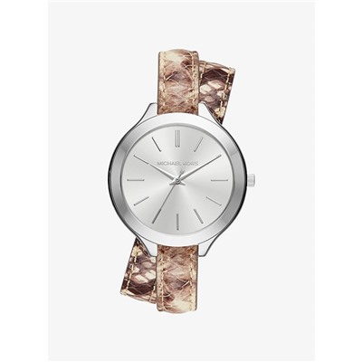 MICHAEL KORS Slim Runway Silver-Tone and Embossed-Leather Wrap Watch