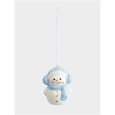 Игрушка елочная, 9 см, керамика, бело-голубая, Снеговик в наушниках и шарфе, Snowman