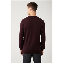 Bordo Bisiklet Yaka Önü Dokulu Pamuklu Regular Fit Standart Kesim Triko Kazak