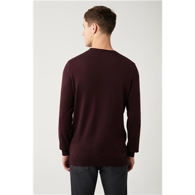 Bordo Bisiklet Yaka Önü Dokulu Pamuklu Regular Fit Standart Kesim Triko Kazak