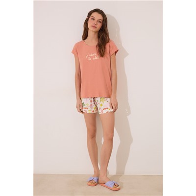 Pijama corto algodón naranja hojas