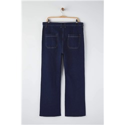Koyu Mavi Yüksek Bel Paçası Kesikli Straight Fit Denim Büyük Beden Jeans TBBAW26CJ00033