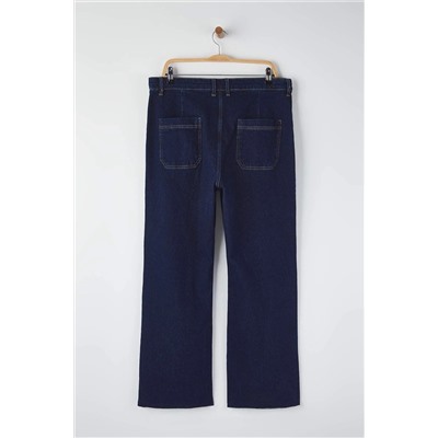 Koyu Mavi Yüksek Bel Paçası Kesikli Straight Fit Denim Büyük Beden Jeans TBBAW26CJ00033