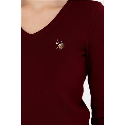 Kadın Bordo V - Yaka Basic Kazak