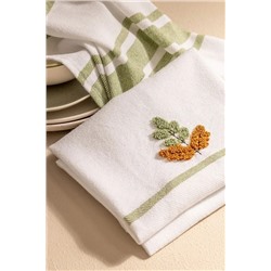Fleur Nakışlı 2' li Pamuklu Kurulama Bezi - Beyaz/Yeşil