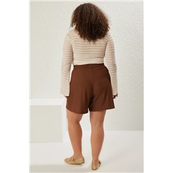 Kahverengi Beli Lastikli Büyük Beden Örme Şort TBBSS22AP00002