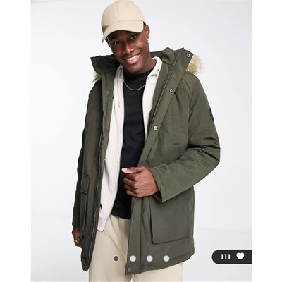 New Look faux fur trim hooded parka in khaki