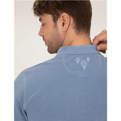 Koyu Mavi Slim Fit Eskitme Polo Yaka Tişört