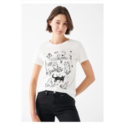 Mavi Kedi Baskılı Beyaz Tişört Loose Fit / Bol Rahat Kesim 1610801-81964