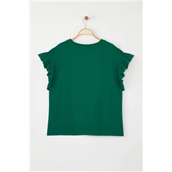 Zümrüt Yeşili Bisiklet Yaka Kolları Fırfırlı %100 Pamuk Örme T-Shirt TBBSS23BF00006