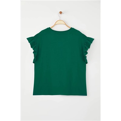 Zümrüt Yeşili Bisiklet Yaka Kolları Fırfırlı %100 Pamuk Örme T-Shirt TBBSS23BF00006