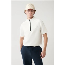 Avva, Erkek Ekru Dik Yaka Yarım Fermuarlı Baskılı T-shirt A41y1312