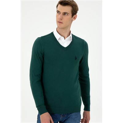 Erkek Slim Fit V Yaka Koyu Yeşil Basic Kazak