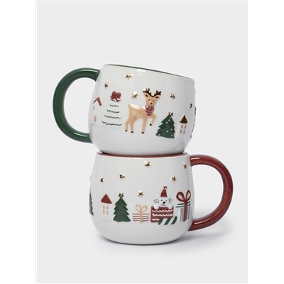 Кружка, 400 мл, 2 шт, керамика, зеленая/красная, Олень и Кот, New year