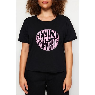 Siyah Regular Slogan Baskılı Crop Boy %100 Pamuk Örme Büyük Beden T-shirt TBBSS23BF00069
