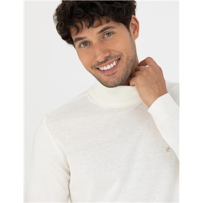 Ekru Slim Fit Yarım Balıkçı Basic Triko Kazak