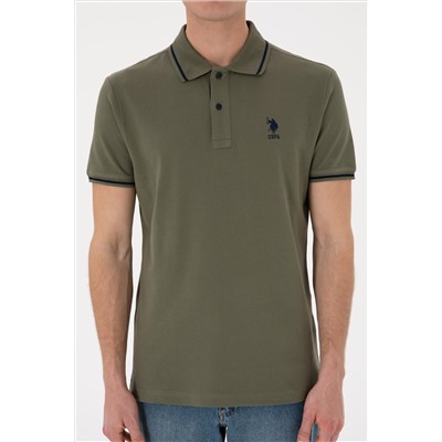 Erkek Slim Fit Polo Yaka Koyu Haki Basic Tişört