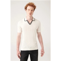 Avva, Erkek Beyaz Düğmesiz Patı Çizgi Detaylı Ribanalı Triko T-shirt A31y5110
