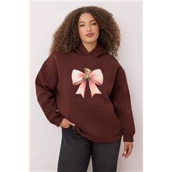 Kahverengi Fiyonklu Ayıcıklı İçi Polarlı/Şardonlu Örme Büyük Beden Sweatshirt TBBAW26AO00013