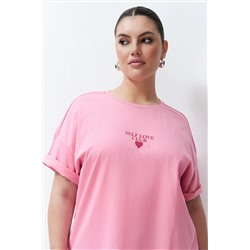 Pembe Baskılı Oversize %100 Pamuk Örme T-shirt TBBSS24BF00011