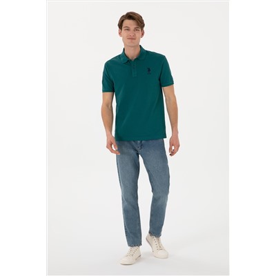 Erkek Slim Fit Polo Yaka Koyu Yeşil Basic Tişört