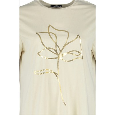 Bej Bisiklet Yaka Metalik Baskılı %100 Pamuk Örme T-Shirt TBBSS22TS2287