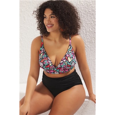 Çok Renkli Derin V Mercan Desenli Büyük Beden Bikini Üstü TBBSS25CT00001