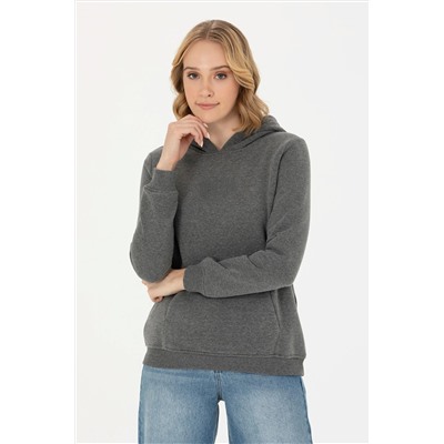 Kadın Antrasit Melanj Kapüşonlu Basic Sweatshirt