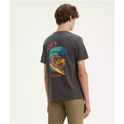 Model is 6' 2" with a 27" waist. They're wearing a size medium. GRAPHIC CREWNECK TEE SHIRT