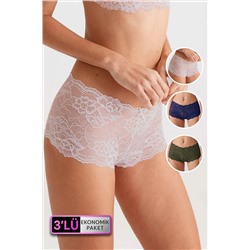 Pierre Cardin3'lü Ekonomik Paket Pudra - Lacivert - Haki 2132 Fantezi Dantelli Şort Külot